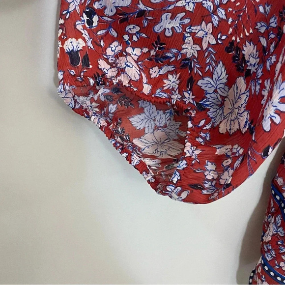 Chaps by Ralph Lauren women’s red bohemian floral 1/2 sleeves flowy festive top - Picture 3 of 7